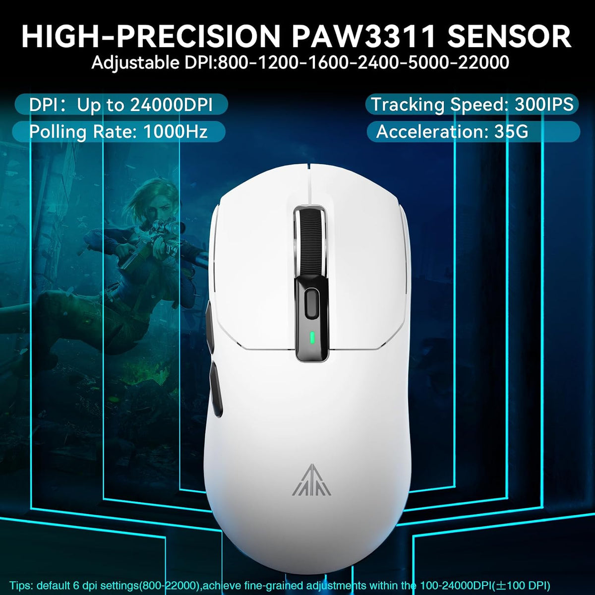 SOLAKAKA SM820 Wireless Gaming Mouse with RGB Charging Dock,24000 DPI Tri-Modes Wireless Mouse with 2 Side Buttons, PAW3311 Optical Sensor, Programmable Macro Mouse for Gaming(White)