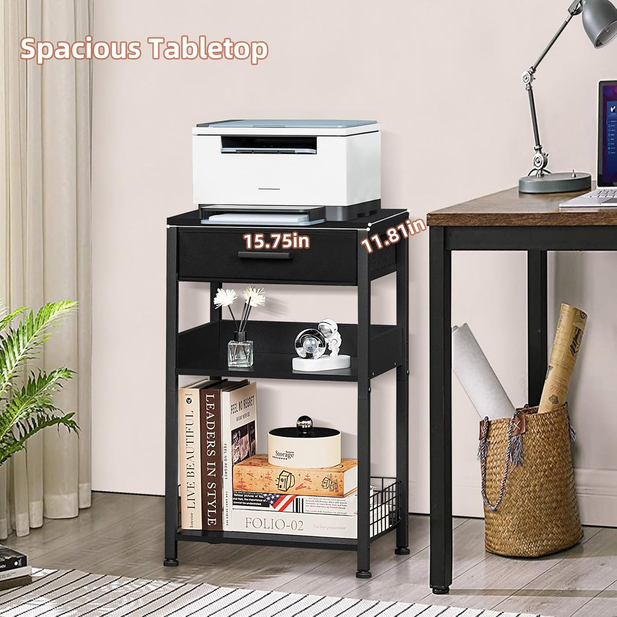 Lerliuo Printer Stand with Storage, 3-Tier Printer Table,Black