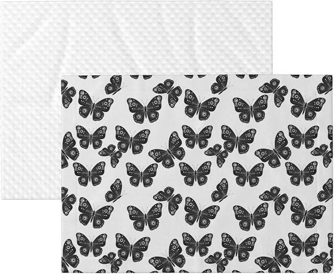 Double Sided Pet Mat for Dog Bed Topper Cat Blanket Furniture Protector, Butterflies Black and White, Reversible Plush with Tactile Dot Pattern for Style Change