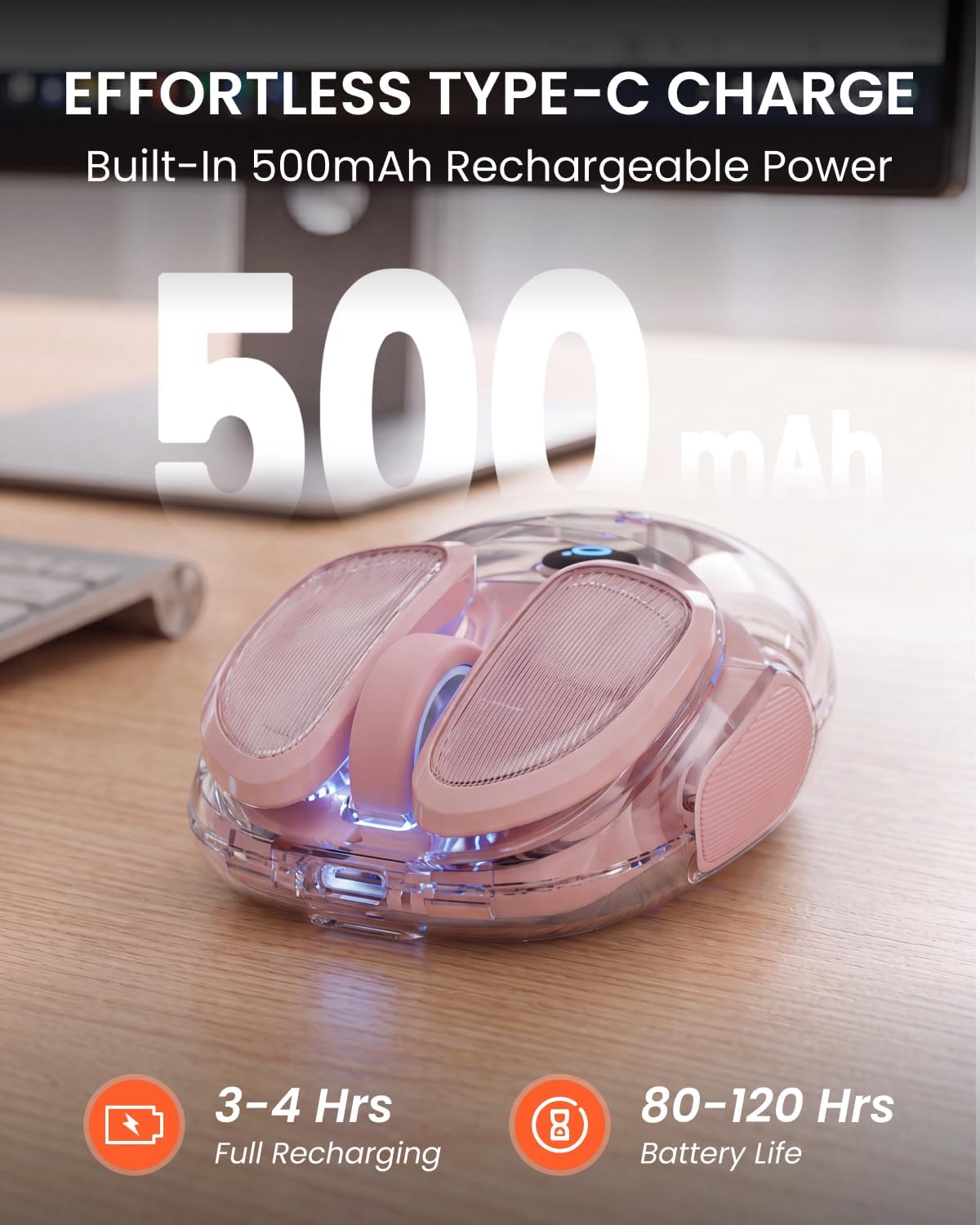 Wireless Bluetooth Mouse, Rechargeable, Clear, Silent Click for Small Hand