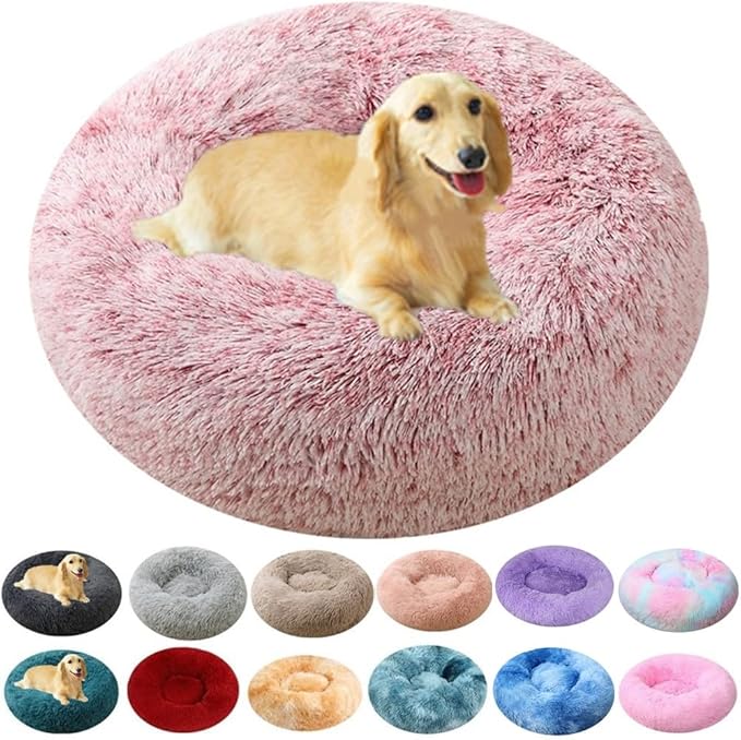 Dog Bed & Cat Bed for Small Medium Dogs, 27 Inch Calming Dogs Bed Anti-Anxiety Machine Washable Fluffy Luxury Anti-Slip Waterproof Pet Puppy Round Bed (Rose White)