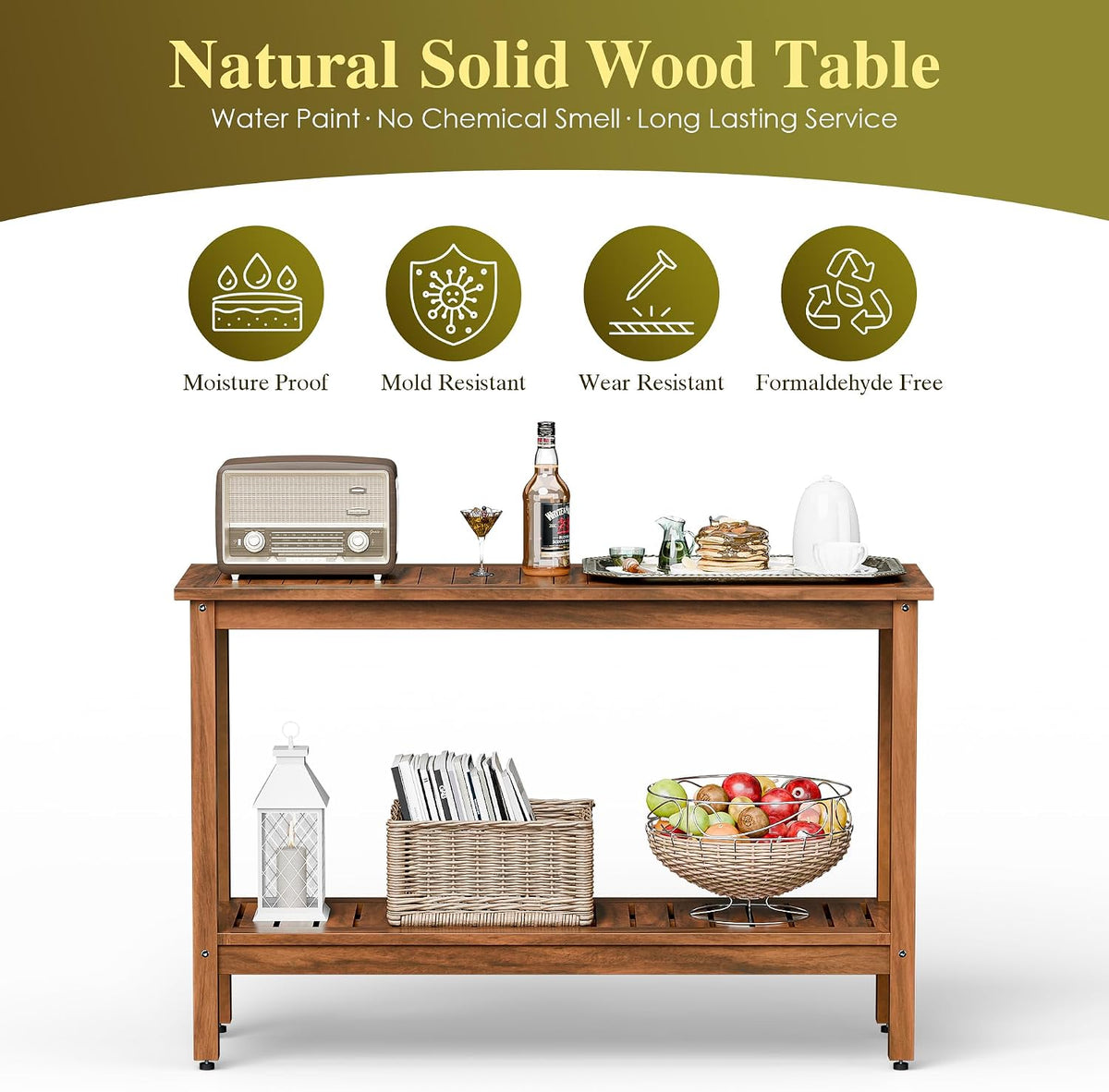 SUPER DEAL 2-Tier Solid Wood Side Table, Outdoor Console Table with Storage Shelf, Adjustable Feet Buffet Bar Organizer for Patio Porch, All-Weather, Natural