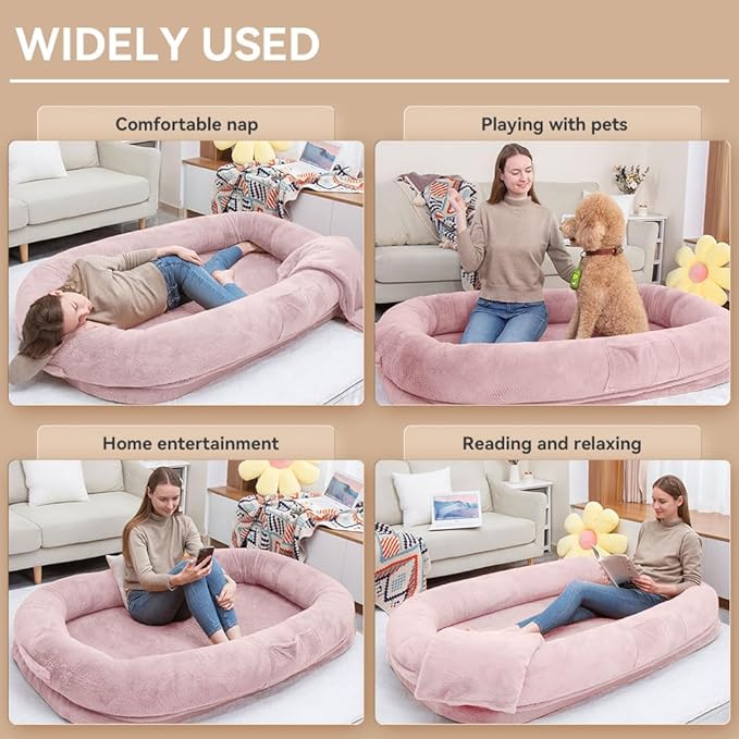 Ultra-Soft Human Size Dog Bed for People and Pets; 77”x51”x11” Extra Large Dog Bed with Raised Cushioned Rim, Removable Cover, Waterproof Lining and Bonus Blanket (77"x51"x11", Pink)
