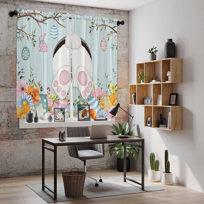 Easter Bunny Window Curtains 63 Inch Long 2 Panel Set, Rod Pocket Bedroom