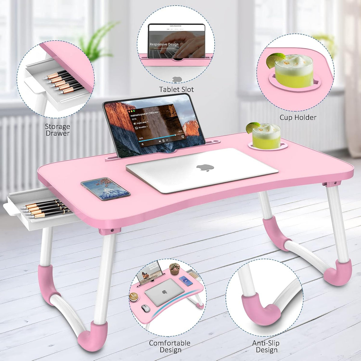 Zapuno Multi-Function Laptop Bed Table with Storage Drawer and Cup Holder, Lap Desk Stand Tray for Eating, Reading and Working