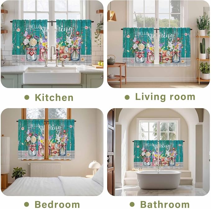 Spring Flowers Kitchen Curtains, Farmhouse Watercolor Teal Wood Grain Light