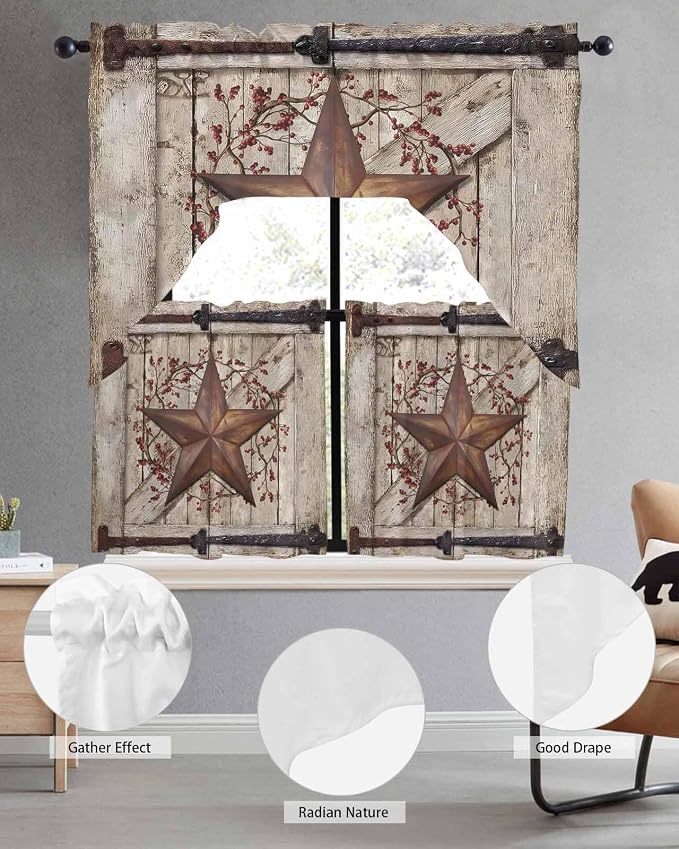 Country Star Swag Kitchen Curtains Valance and Tier Set, VintageRust Yellow