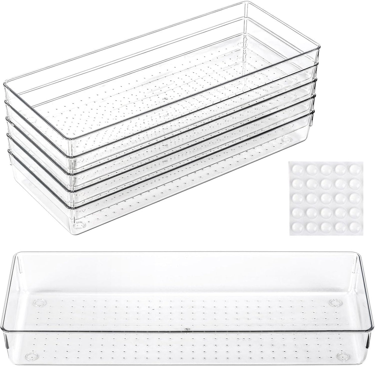 6 Pcs Large Clear Plastic Drawer Organizers Tray 15" x 6.3" Storage Bins with 25 Pcs Non-Slip Pads for Makeup, Jewelries, Kitchen Utensils, Bathroom and Office