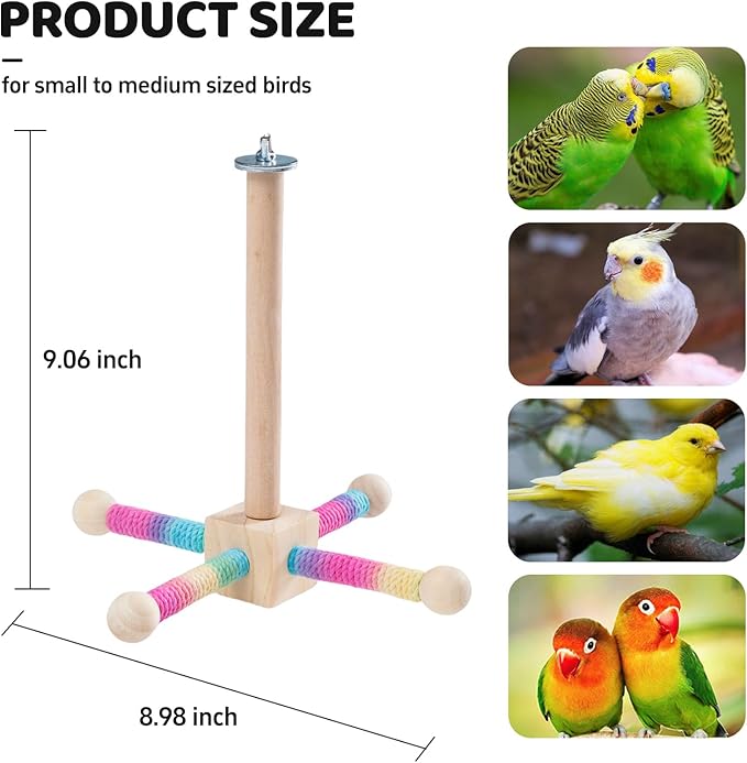 9" Hanging Bird Perch Toy for Cage, 360° Silent Free-Spin, Wooden Bird Cage Accessories, Relieve Boredom Anxiety, for Parrots, Parakeets, Cockatiels, Small to Medium Birds, with Poplar Swing