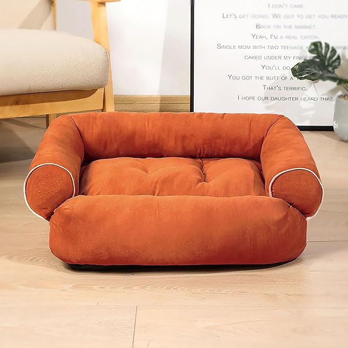 Suede Sofa Dog Bed, Multiple Sizes Orthopedic Memory Foam Mattress, Durable and Calming, Washable Dog Bed with Anti-Slip Bottom M Orange