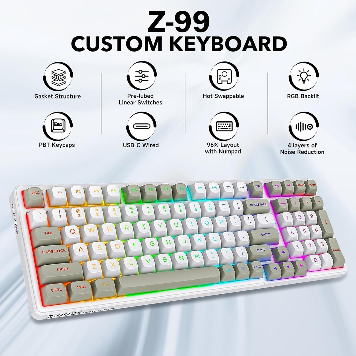 HUO JI Z-99 Wired Mechanical Keyboard, Creamy Sound, RGB Backlit,White Gray