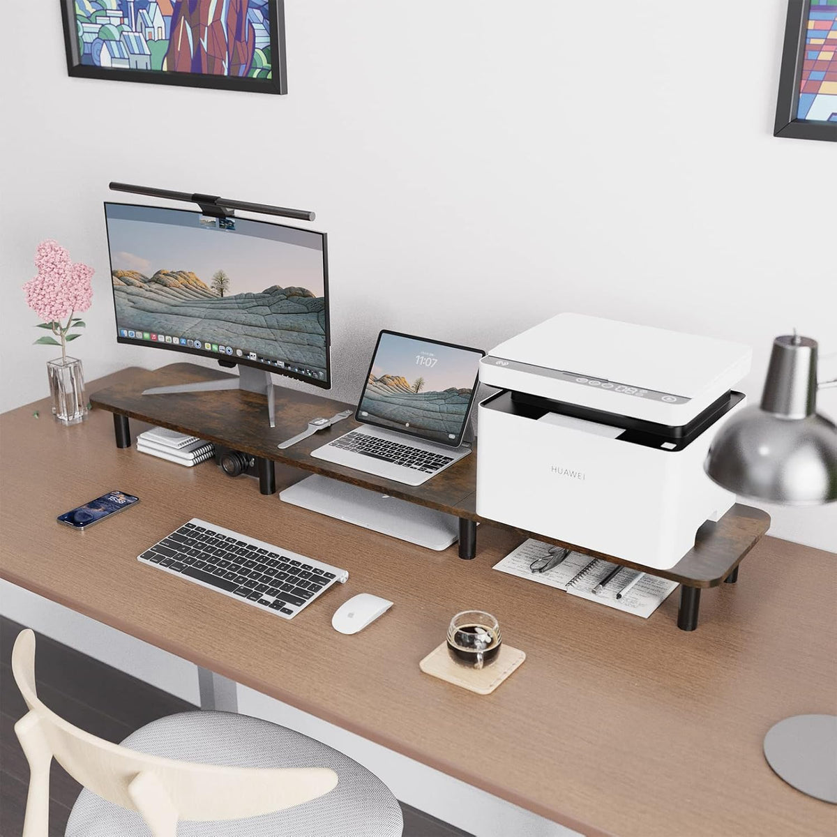 Dual Monitor Stand - 43.7 inch Extra Long Wide TV Stand - Wood & Steel Leg Desktop Riser - Desk Organization - Home Office (Vintage)