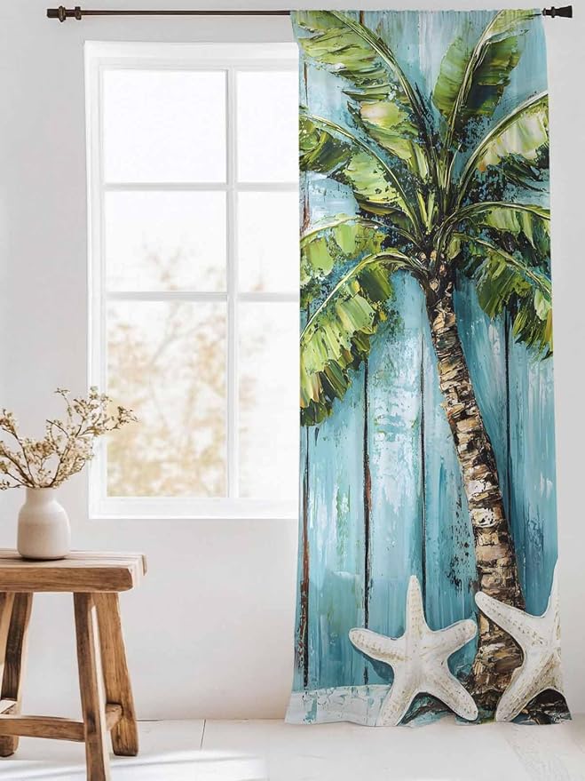 Sheer Curtains 84 Inches Long, Coastal Beach Starfish Semi Sheer Curtains Light