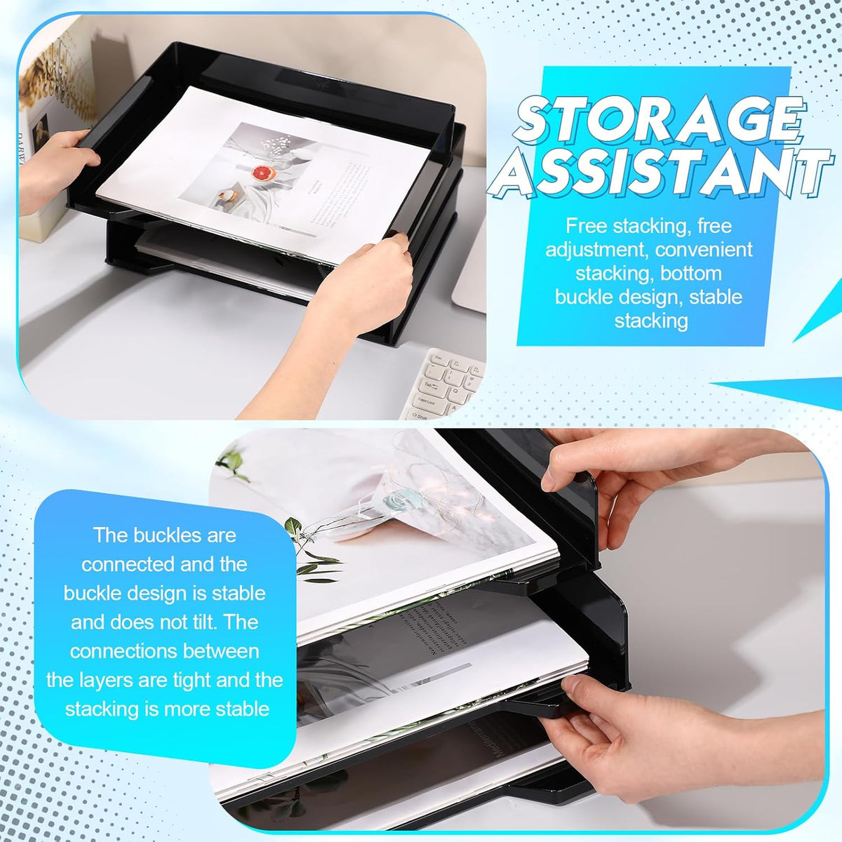 DoubleFill 4 Pcs Stackable Letter Tray Plastic Paper Tray, Black