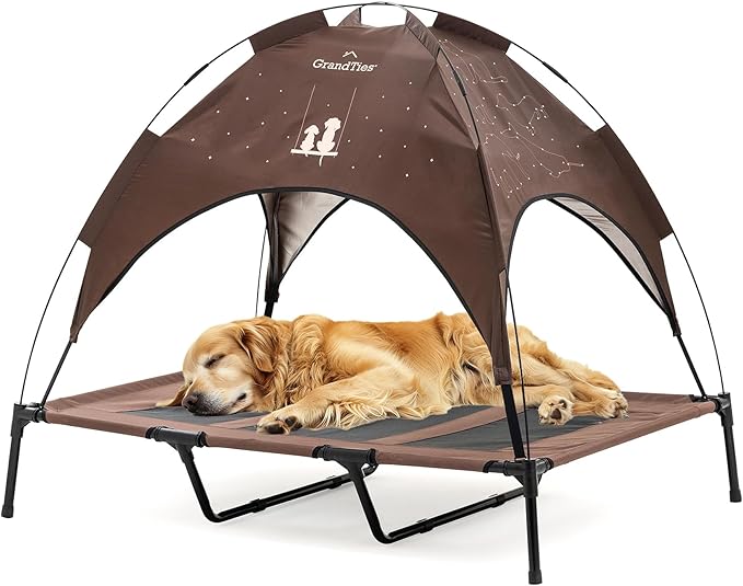 GrandTies Cooling Elevated Dog Bed with Canopy – XL Portable Pet Cot for Outdoor & Indoor Use – Waterproof Removable Shade, Breathable Mesh, Slip-Resistant Feet, Easy Assembly – Coca Mocha