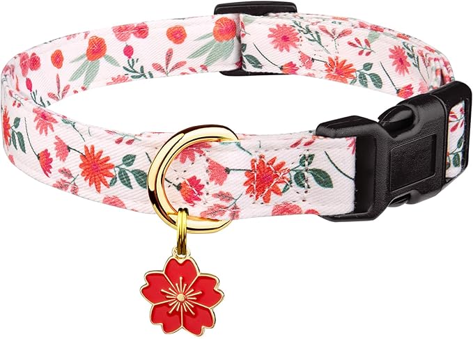 Cotton Handmade Dog Collar Cute and Distinctive Patterns Red and White Flower with Pendant for Girl Boy Dogs Collars M
