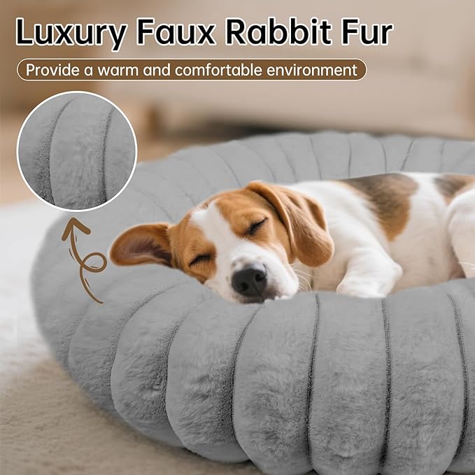 Donut Dog and Cat Bed, Luxurious Comfortable Faux Rabbit Fur Pet Beds, Soft Anti-Anxiety Calming Puppy Kitten Bed with Anti-Slip Bottom for Small Medium Dogs & Cats(20", Grey)