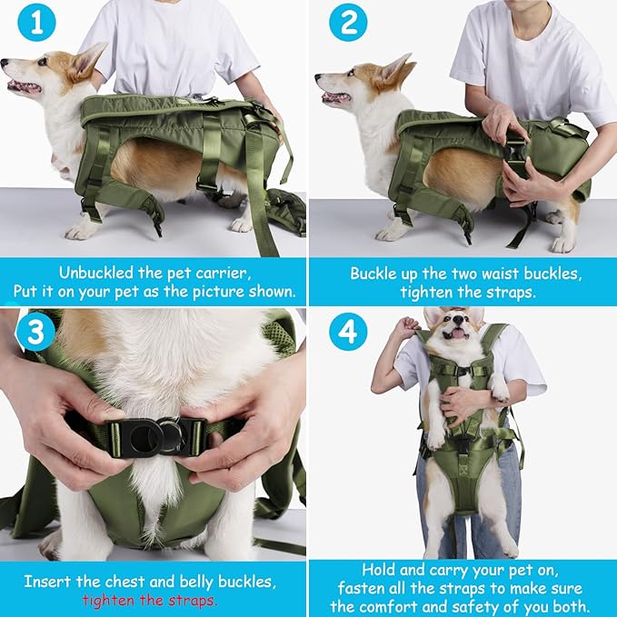 PetBonus Pet Front Dog Carrier Backpacks, Adjustable Pet Backpack, Legs Out Easy-fit Puppy Chest Carrier for Medium Small Dogs, Hands Free for Hiking, Cycling (Army Green, M)