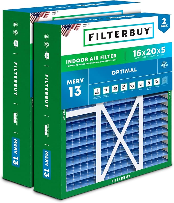 Filterbuy 16x20x5 Air Filter MERV 13 Optimal Smoke & Allergy Defense, Pleated
