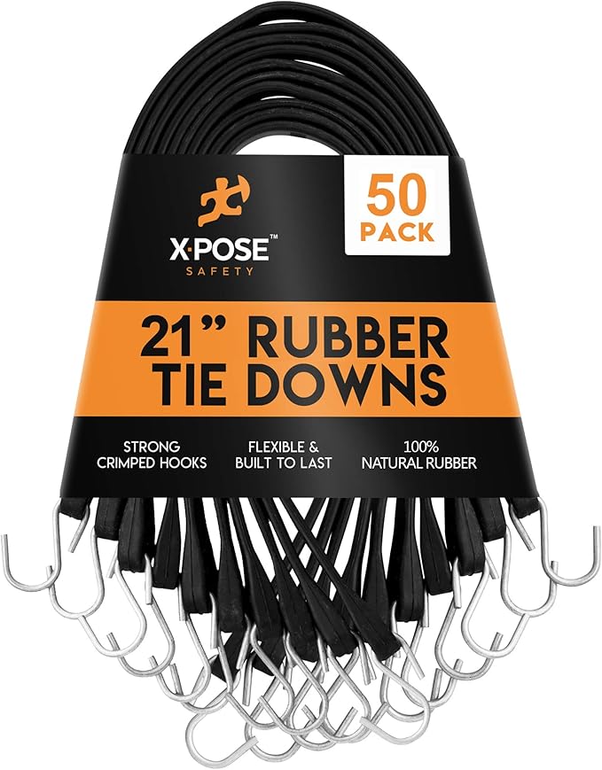 Rubber Bungee Cords with Hooks 50 Pack 21 Inch (32” Max Stretch) Heavy-Duty Black Tie Down Straps for Outdoor, Tarp Covers, Canvas Canopies, Motorcycle, and Cargo - by Xpose Safety