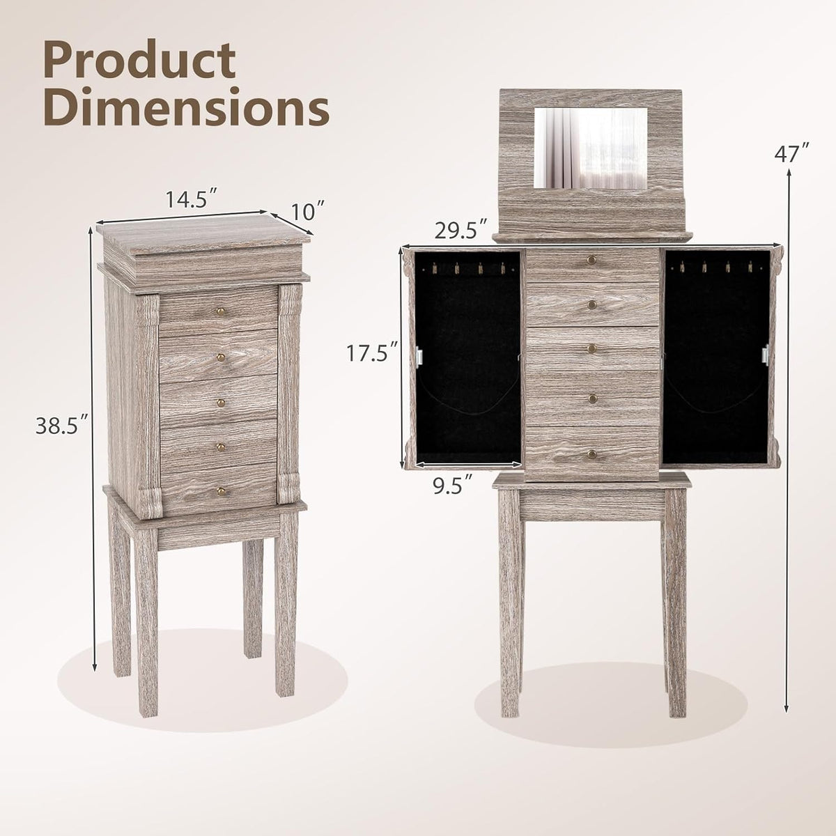GIANTEX Standing Jewelry Cabinet, Flip Top Mirror, 5 Drawers & Swing Doors