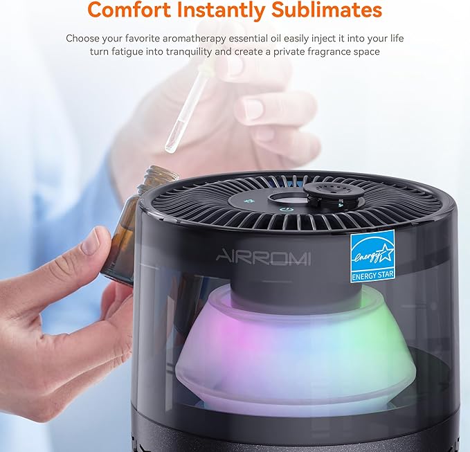 AIRROMI Pet Air Purifier for Home & Bedroom, HEPA Activated Carbon Filter, Removes Pet Dander & Odor, Allergies, Smoke, Hair, Night Light, Fragrance Sponge, Up to 658 ft², A2002 Grey