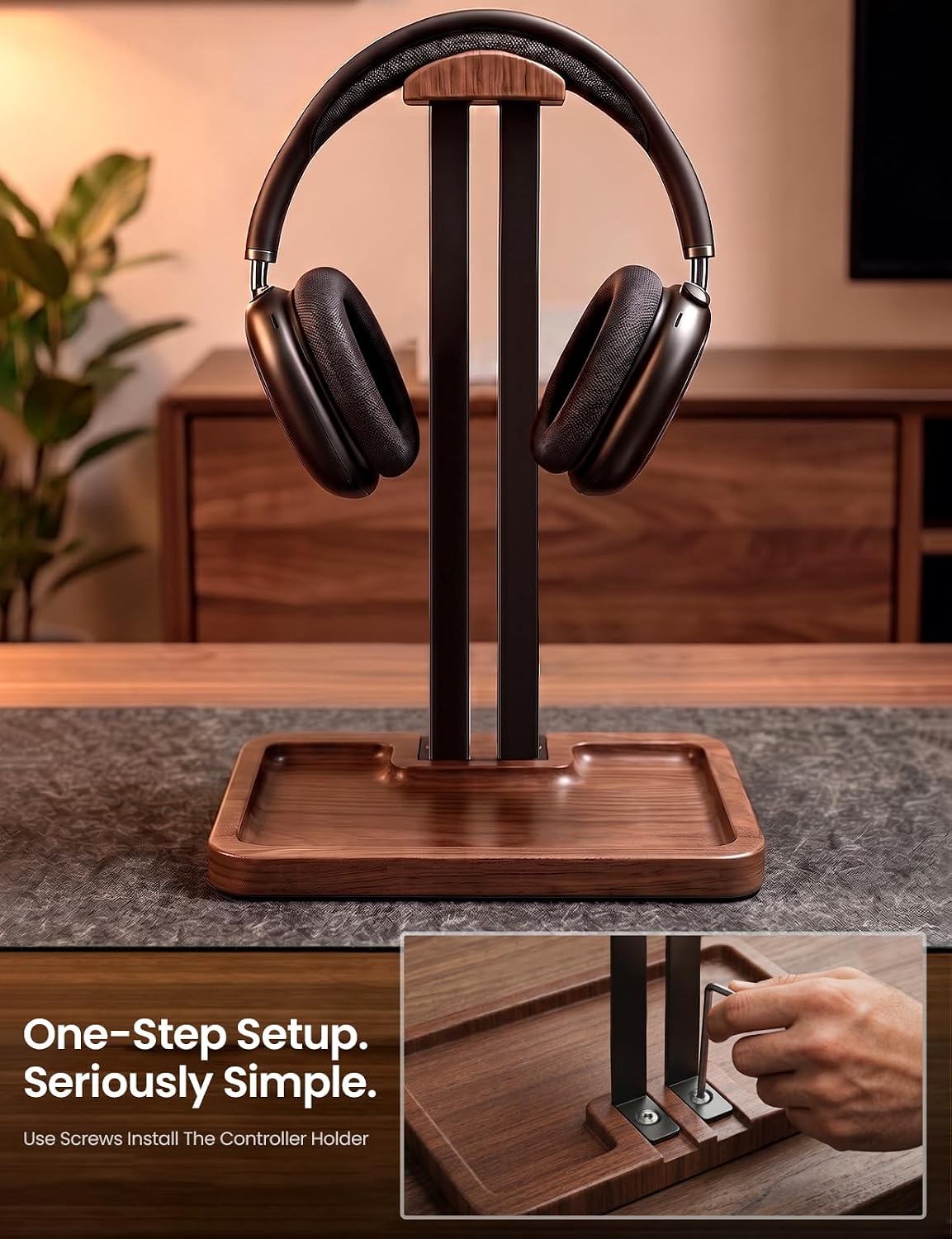 LOXP Walnut Headphone and Controller Stand, 2-in-1 Holder with Storage