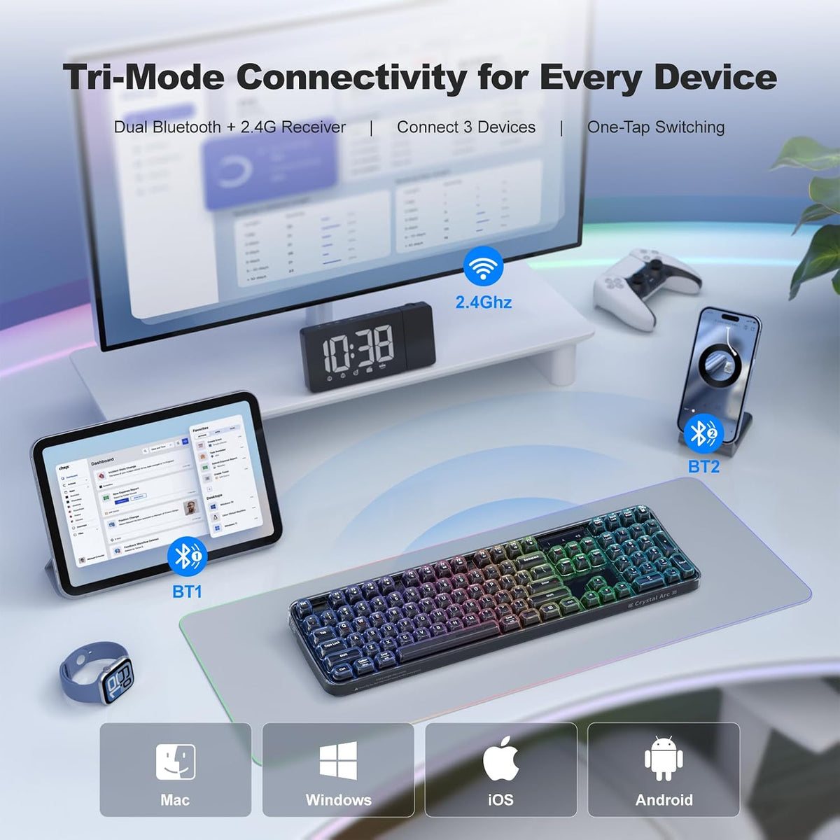 MOFII Tri-Mode Wireless Keyboard, Transparent Full-Size with RGB Backlit, Bluetooth 5.0/2.4G USB/Wired Gaming Keyboard for Windows Mac PC Laptop, Black – Office & Gamers