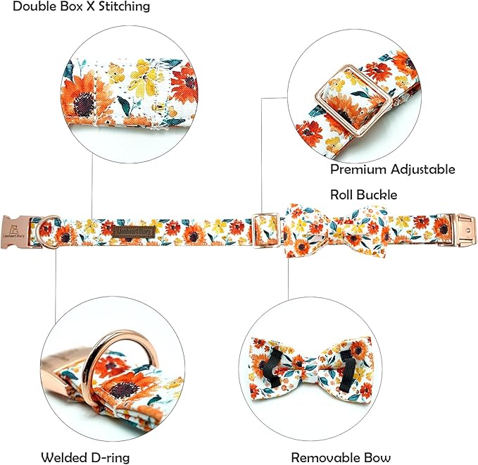 Lionheart glory Dog Collar Bow Collar Floral Dog Collar with Bow Tie Spring Summer Cute Collar Dog Boy or Girl Dog Collars Soft Durable Adjustable Dog Collars for Large Dogs