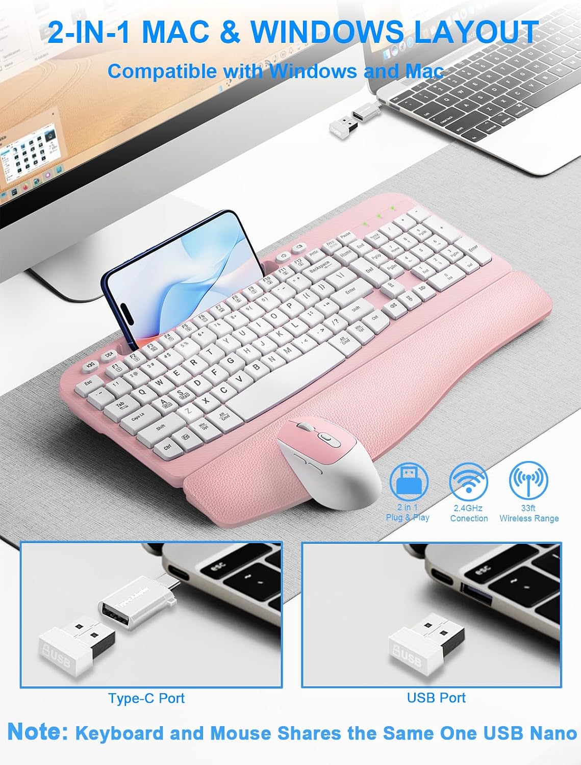 Hayyiesh Ergonomic Wave Keys Wireless Keyboard and Mouse Combo, Full Size with Memory Foam Wrist Rest & Phone Holder, 2.4G Cordless Set with USB-C Adapter for Windows Mac Desktop Laptop (Pink)