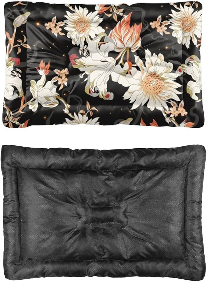 Night White Floral Cute Dog Beds Furniture Dog Crate Mat Pad for Crate Washable Bed for Washable Non-Slip Beds Bed Small Size Mats Carriers & Travel Products Indoor Outdoor 36X24 Inch