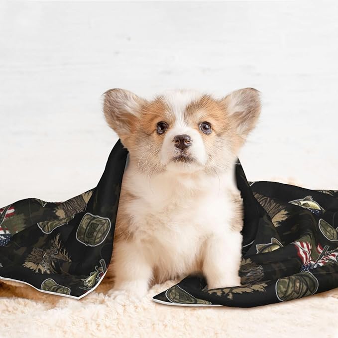 Double Sided Plush Pet Blanket with Cozy Dot Texture, Hunting Deer Bass Fishing Lure Camo Camouflage American Flag Black, Reversible for Dogs Cats on Couches Beds