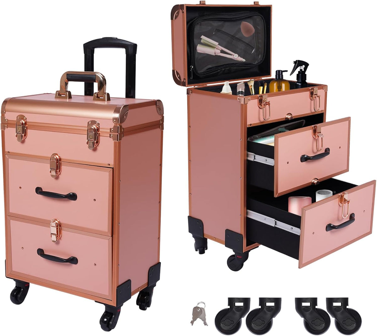 3 in 1 Cosmetic Train Cases Rolling on Wheels Makeup Train Case 𝐰𝐢𝐭𝐡 𝐃𝐫𝐚𝐰𝐞𝐫𝐬 𝐚𝐧𝐝 𝐂𝐥𝐞𝐚𝐫 𝐌𝐚𝐤𝐞𝐮𝐩 𝐁𝐚𝐠,3-Layer Large Nail Cart & Organizer for Makeup Artists,Nail Technicians