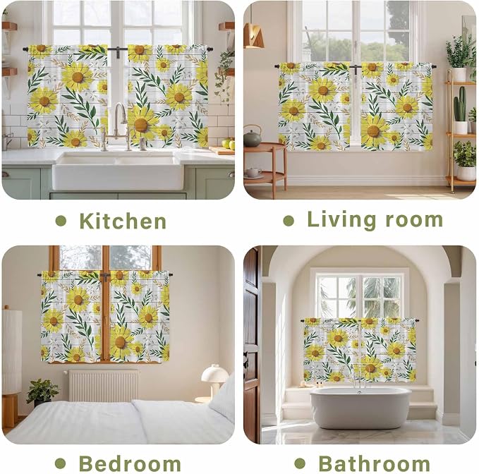 Yellow Daisy Kitchen Curtains, Farmhouse Country Flower Leaf Plant Wood Grain