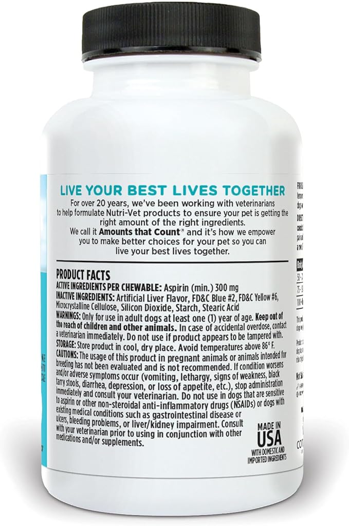 Nutri-Vet Aspirin for Dogs, Dog Aspirin, Pet Essentials, Inflammation Care, Joint Support for Seniors, Arthritis Pain Relief, 300mg per Tablet, Over 50 lbs, 75 Count