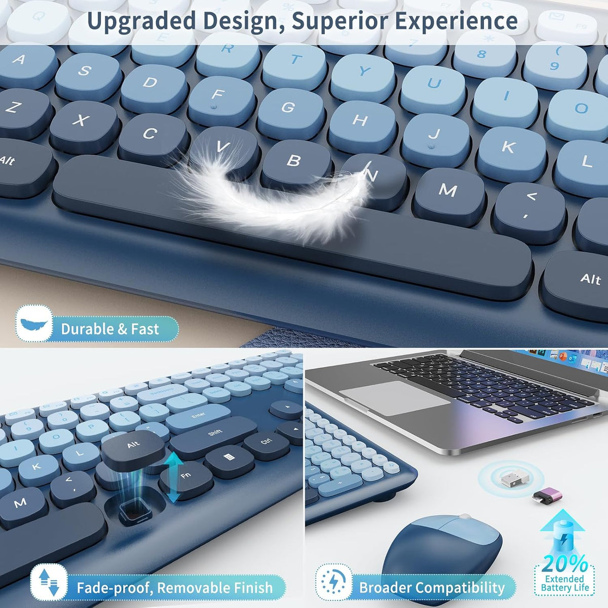 HotFox Blue Wireless Keyboard and Mouse Combo, Retro Typewriter Keyboard