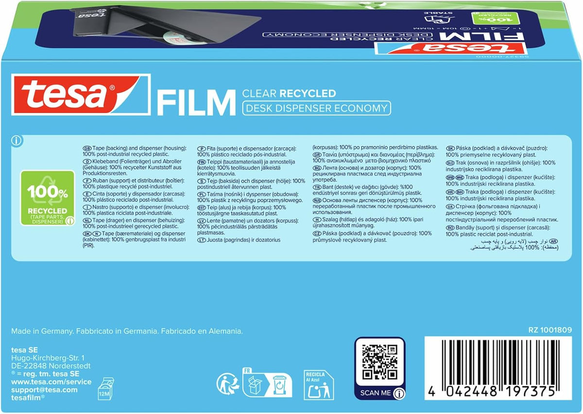 tesafilm Desk Dispenser for Adhesive Tape- Black Includes 1 roll of tesafilm Eco and Clear 10 m x 15 mm