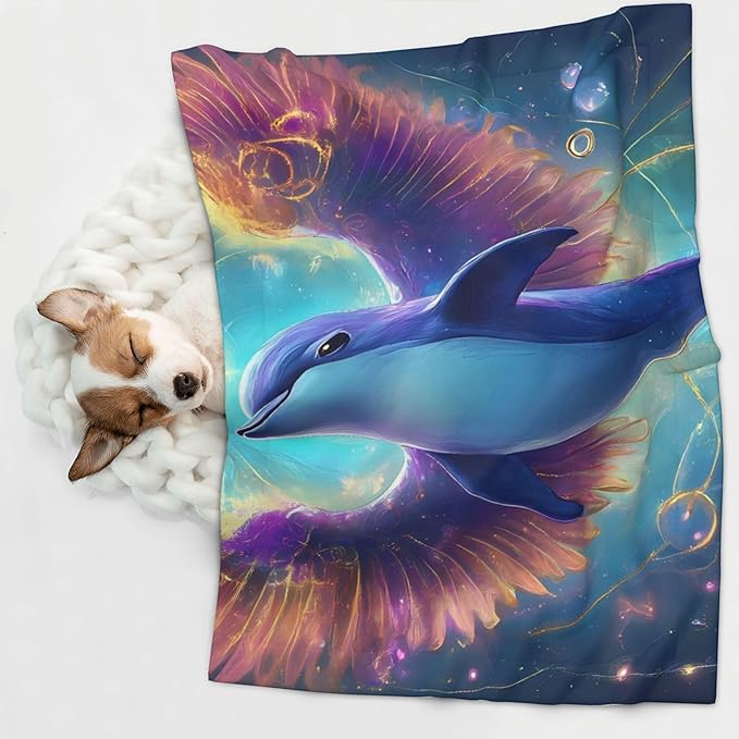 Waterproof Dog Blanket Soft Pet Blanket for Puppy Cat, Fleece Cat Throw Blankets for Furniture Bed Couch Sofa Reversible - Colorful Winged Dolphin