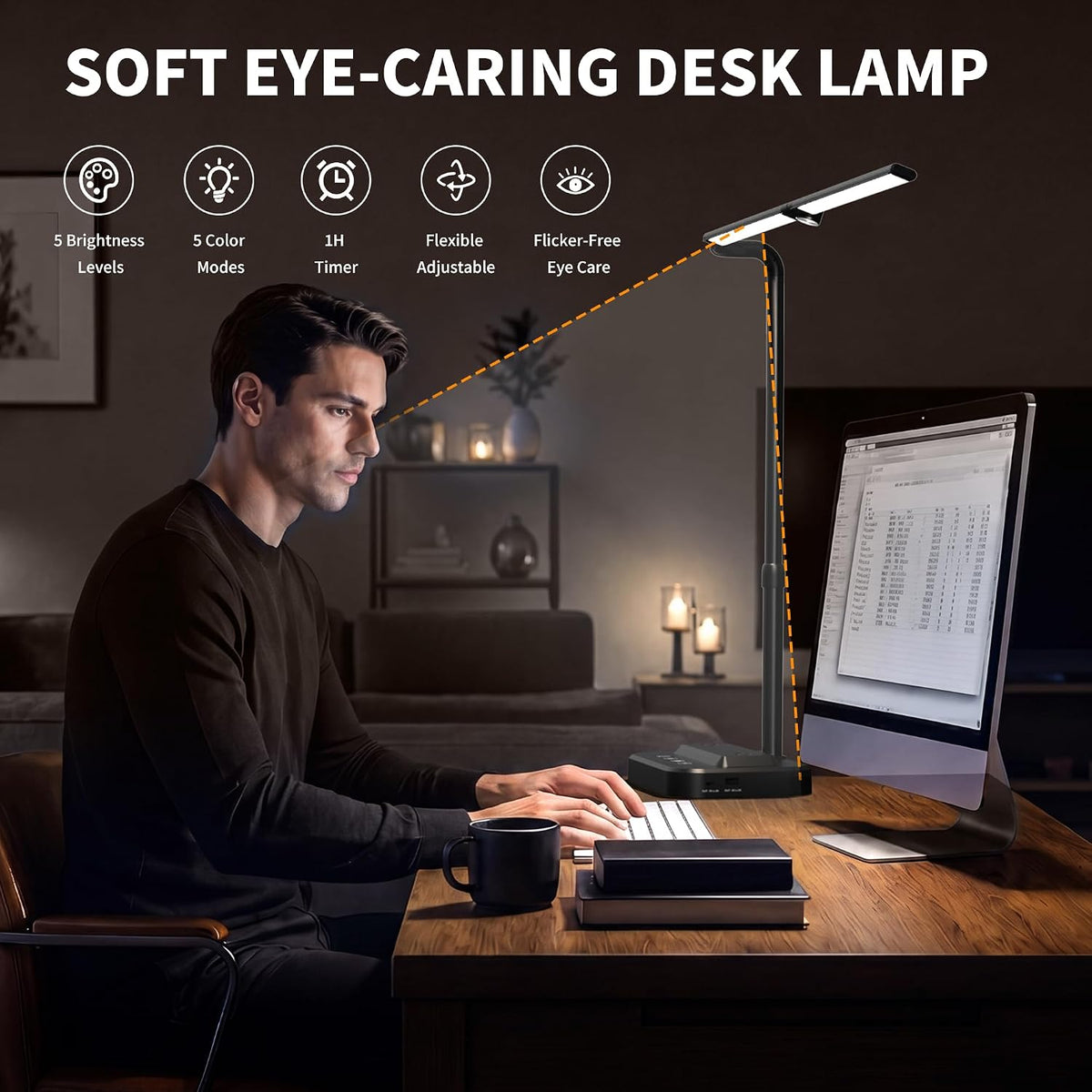 SIBRILLE LED Desk Lamp, Ultra Wide Computer Light, Dimmable Desk Light with USB Fast Charging, Adjustable Foldable Eye Caring Office Desk Lamp for Monitor Work Gaming Home Study
