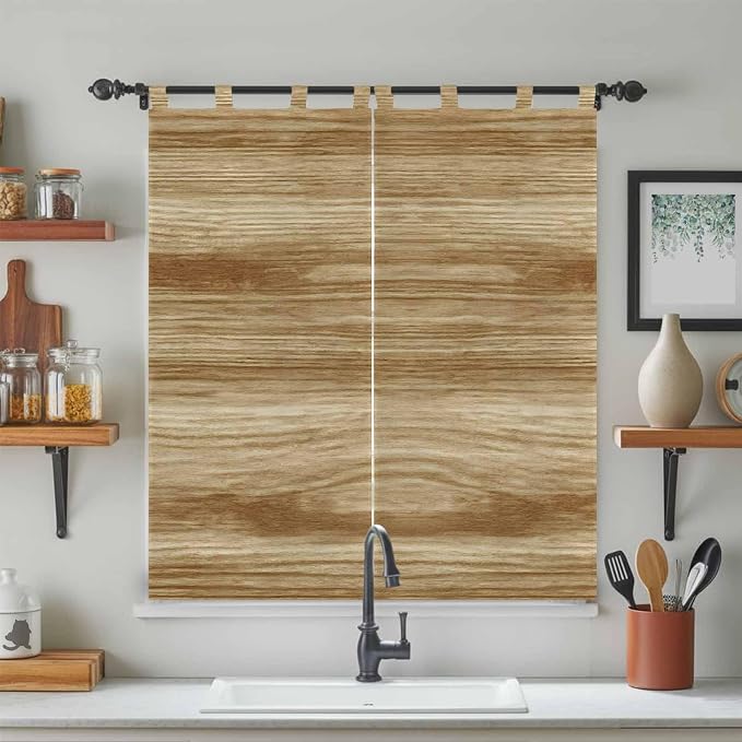 Light Brown Wood Grain Bedroom Curtains 72 Inch Length, Window Curtains Tab Top