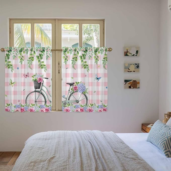 Spring Tier Curtains, Bicycles Leaves Butterfly Flowers Pink Buffalo Plaid