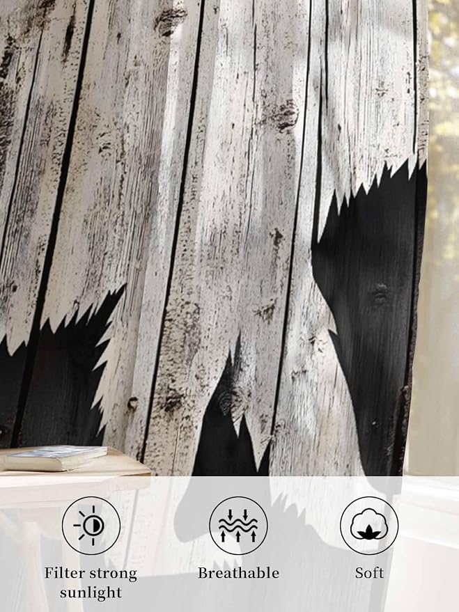 Sheer Curtains 45 Inch Length, Farmhouse Country Rustic Wooden Grain Privacy