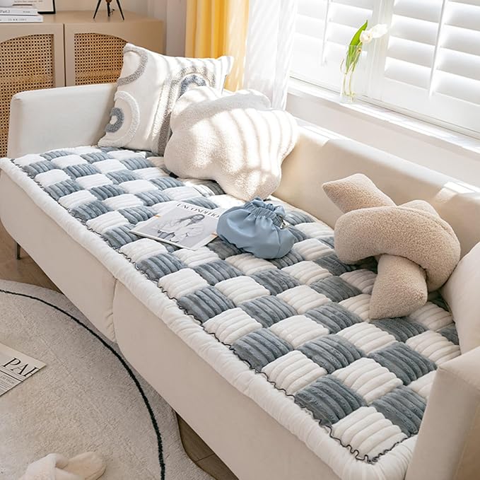 FunnyFuzzy Cream-Coloured Plaid Square Pet Mat Bed Couch Cover, Winter Thickened Dog Bed Cover Pet Blanket Sofa Couch Furniture Protector for Kids Dog Cat(Size:27.6 * 59.06 in,Color:Grey)