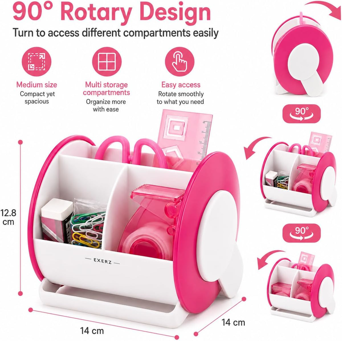 Exerz Ex8986 O-Life 90 Degree Rotary Desk Organiser with Stationery Set - Safety Scissors (Not Sharp), Rulers, Tape Dispenser, Eraser, Clips Included - Medium Size Stationery Organiser (Pink)