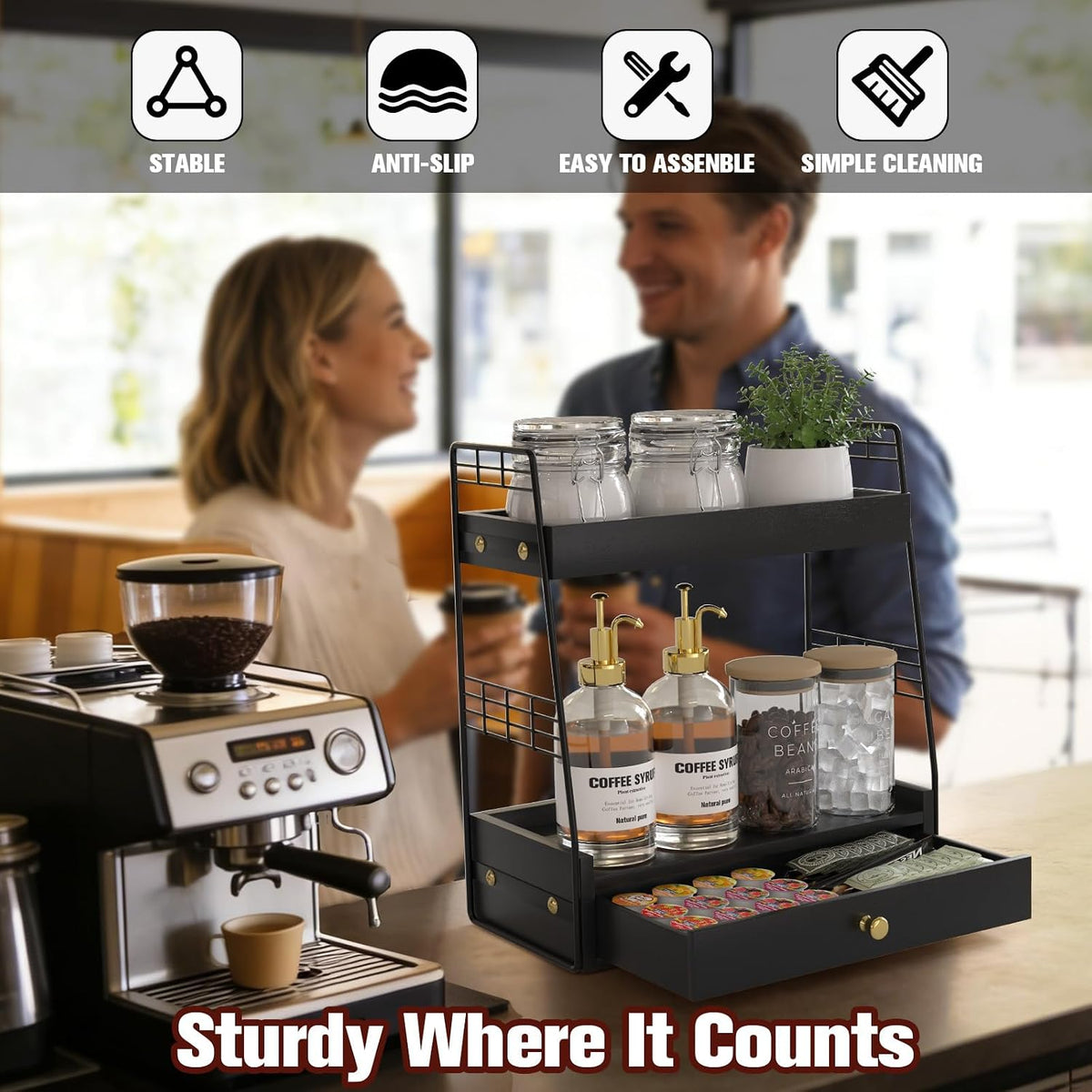 Coffee Bar Station Organizer with Drawer, 2-Tier Countertop Shelf (Black)
