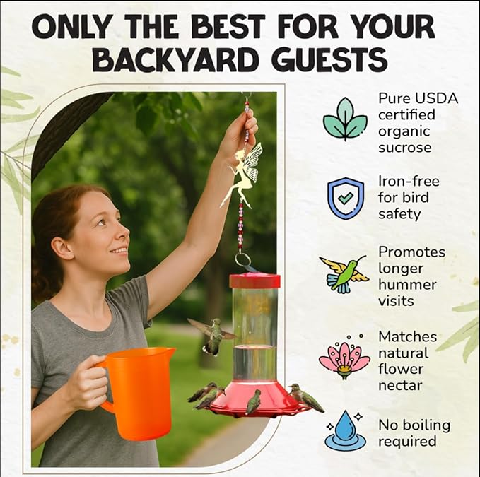 Premium USDA-Certified Organic Hummingbird Food, 8-8oz Packets of Natural Nectar, Outdoor Feeding Essentials (Without Feeder, 8 Pack)