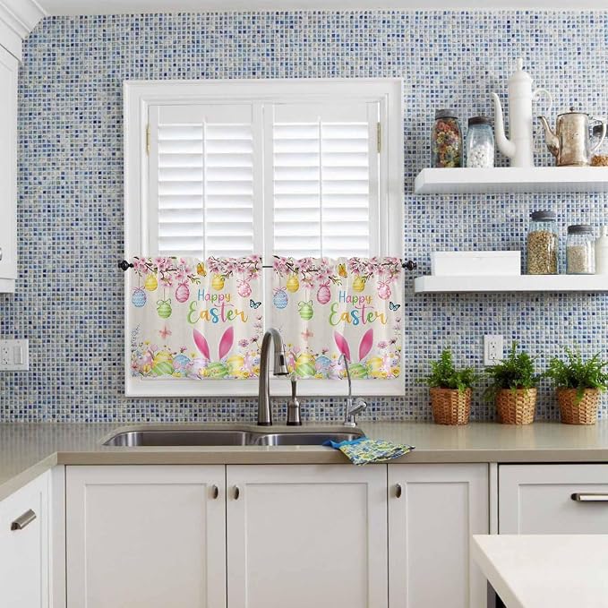 Happy Easter Half Window Curtains 24 Inches Long, Spring Farmhouse Bunny Eggs