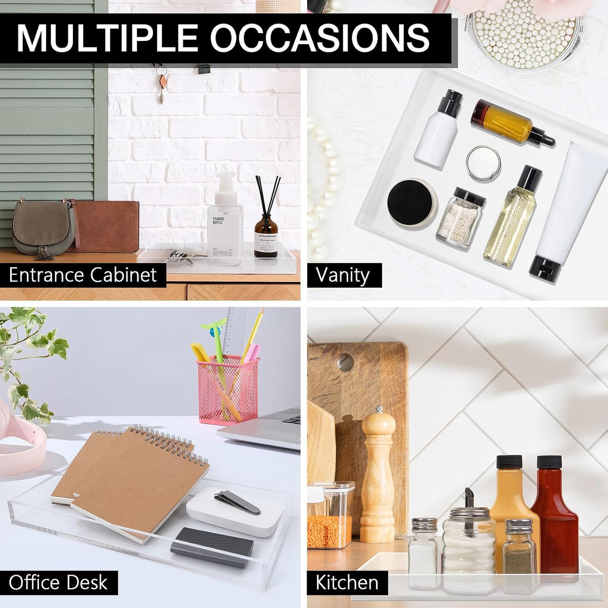 Clear Acrylic Tray 5mm Thicken 3 Pack for Vanity Makeup, Perfume, Jewelry Holder, Napkin,Decorative Serving Tray for Bathroom, Toilet Tank, Sink Countertop,Dresser, Coffee Table, L+M+S