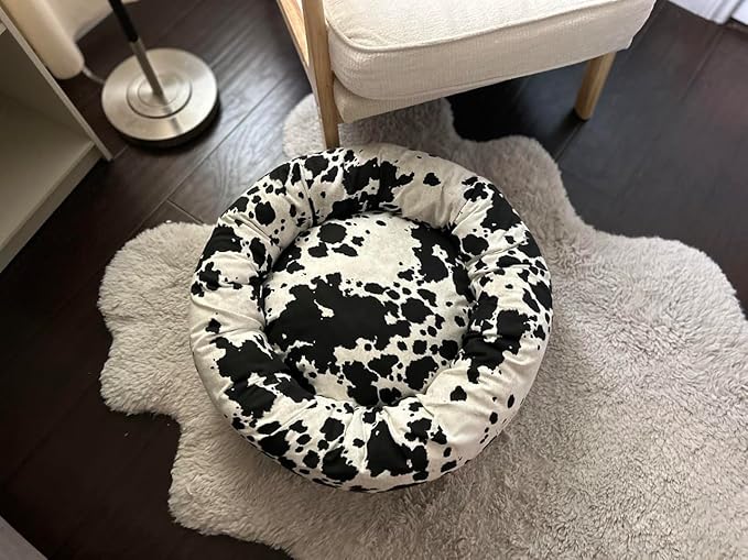 Organic Cotton Canvas Dog Bed: Removable Cover, Natural Fill - Made in USA (Cow Print Black White, Medium 28" x 8" inches)