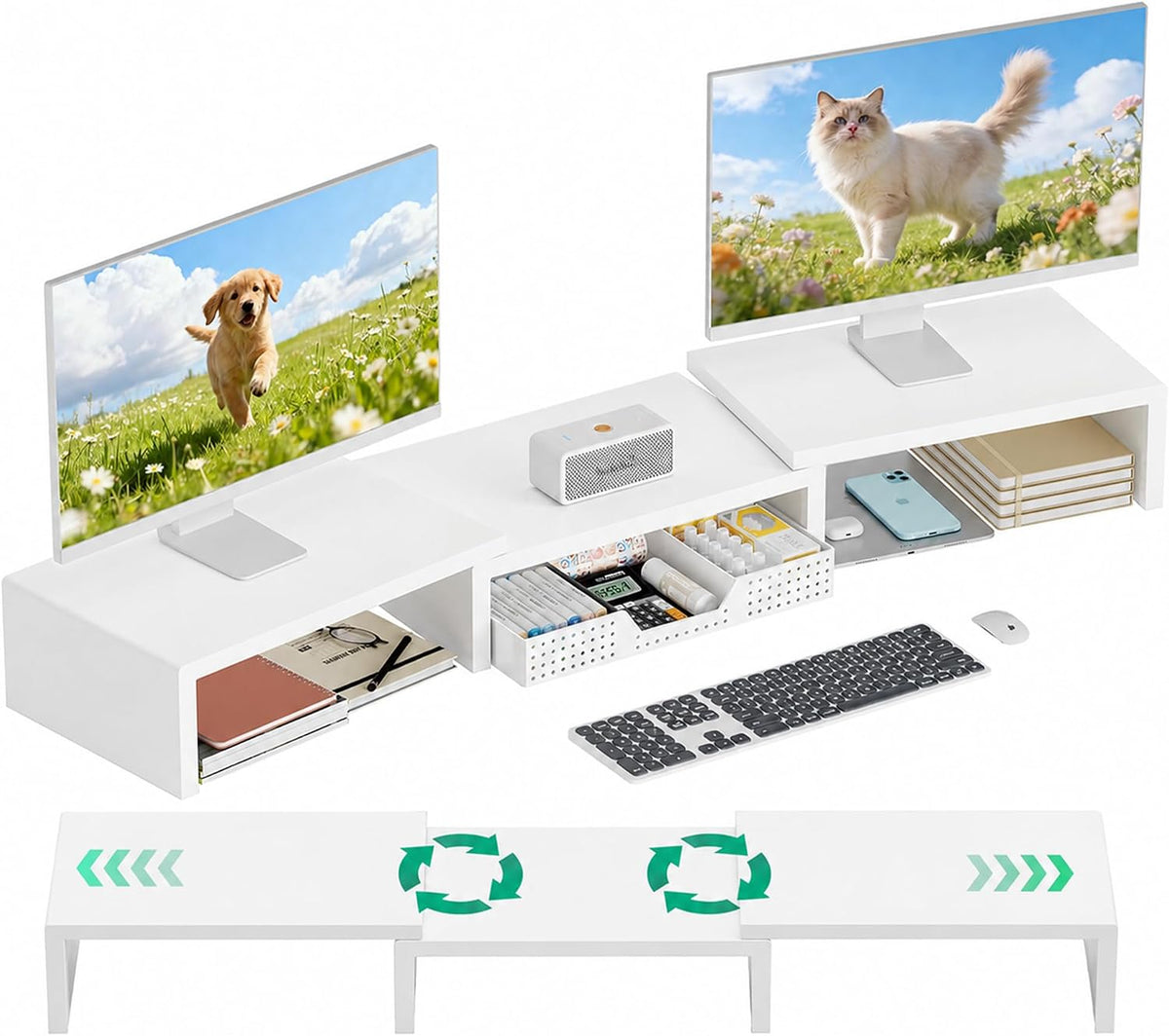 OPNICE Dual Computer Monitor Stand Riser, Desk Organizer with Drawer, Office Desk Accessories & Workspace Organizers for Home Office Supplies, White